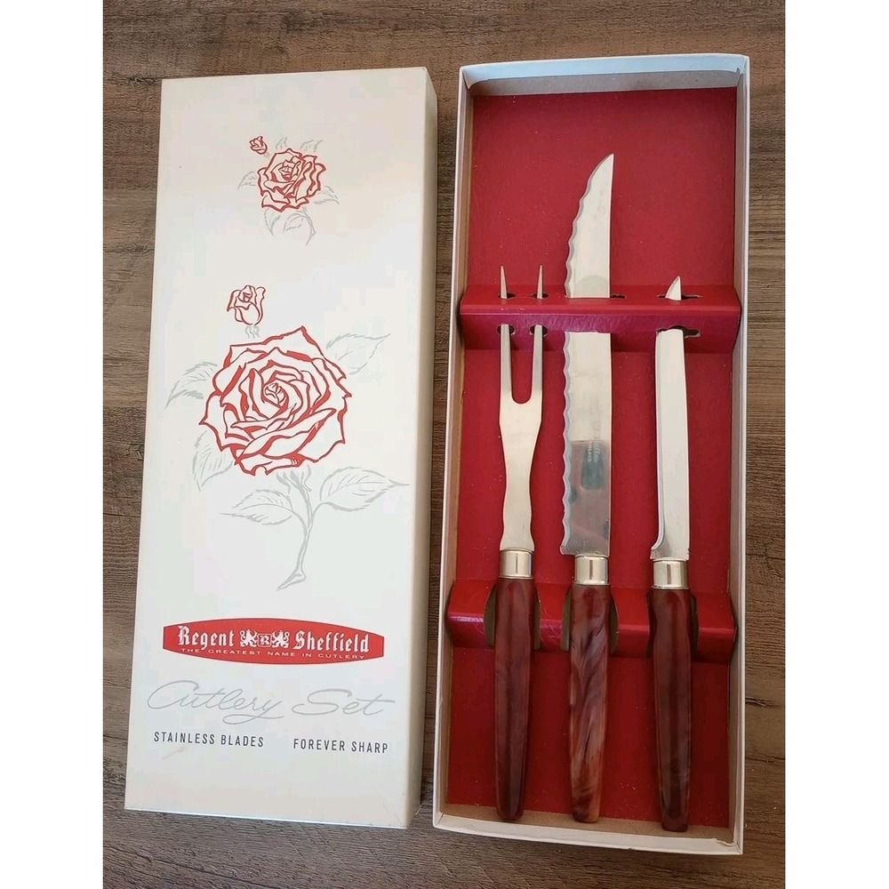 VTG Regent Sheffield England Stainless Blade/Brown Handles Cutlery Set 3Pc NIB